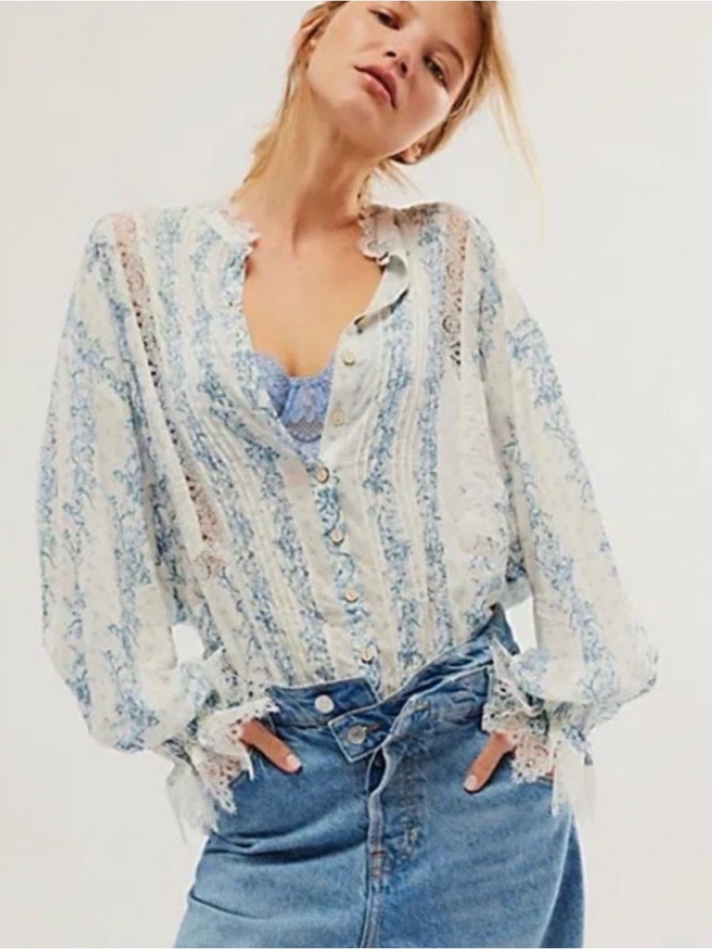 Free People White and Light Blue Lace-Striped Button Blouse
